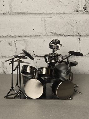 Metal Drummer Sculpture Nut Bolt Drum Set Music Decor
